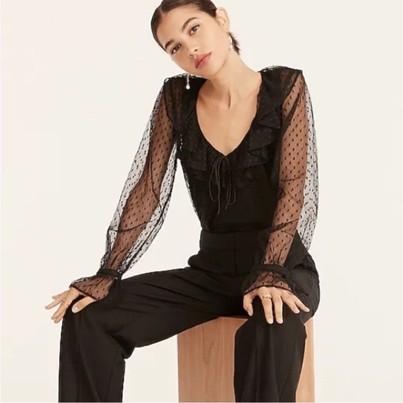 NWT J.Crew Ruffleneck top in clip dot black sheer sleeves BD756 size XS - Picture 1 of 15